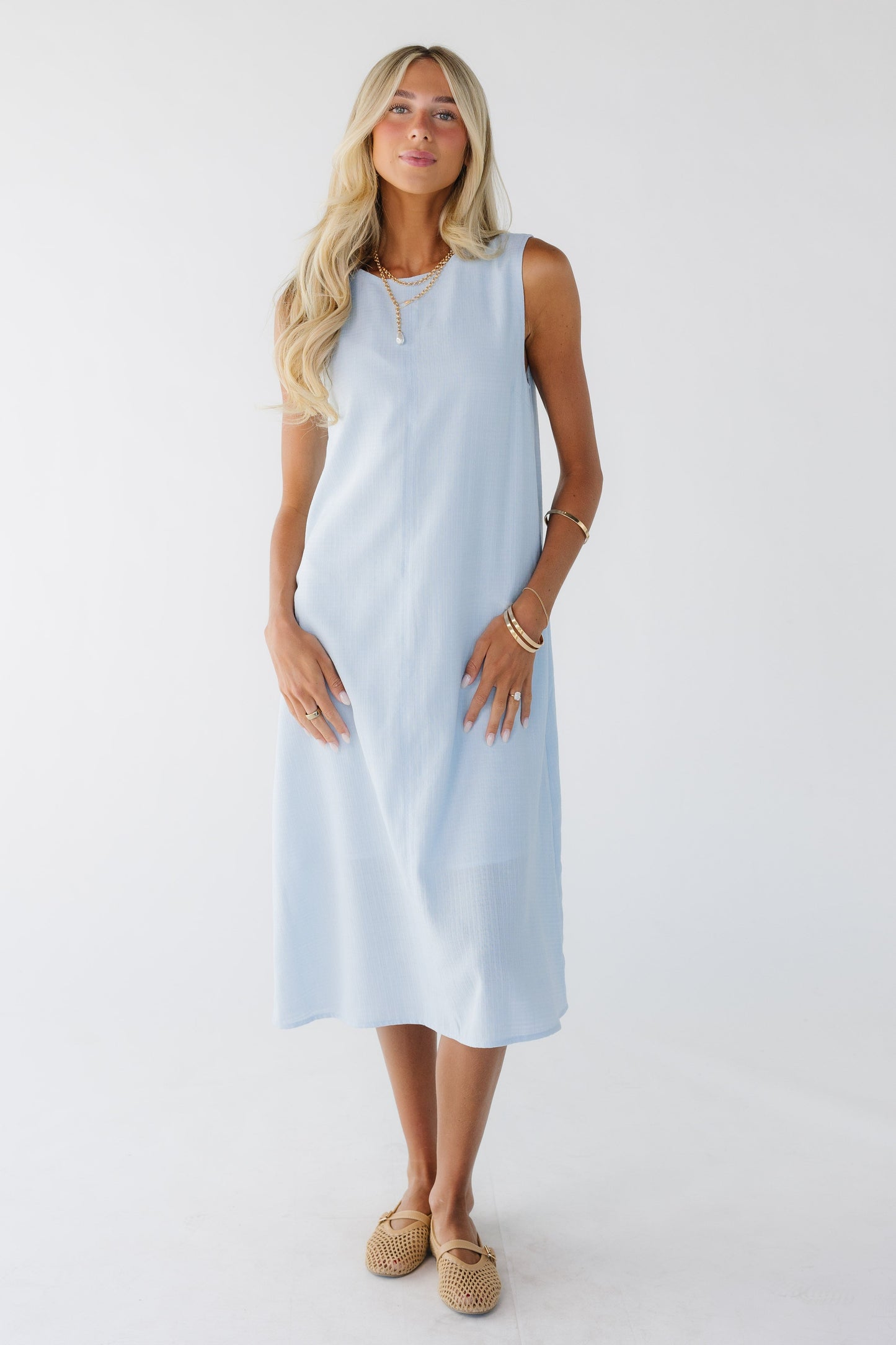 Brass & Roe Sara Shift Dress in light blue for women and teen girls.