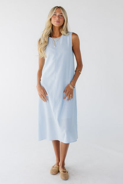 Brass & Roe Sara Shift Dress in light blue for women and teen girls.