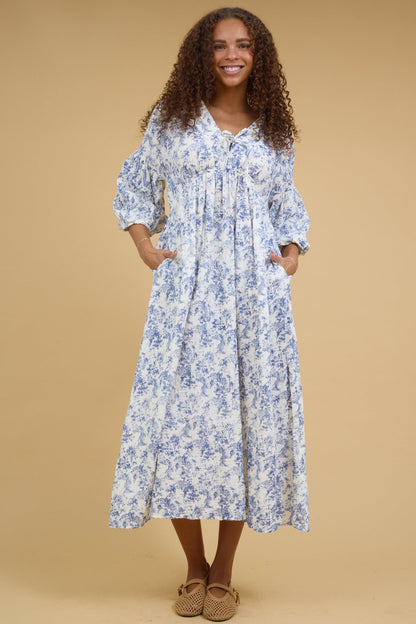 Brass & Roe Gauze Tie Front Dress in white with blue print for women and teen girls.