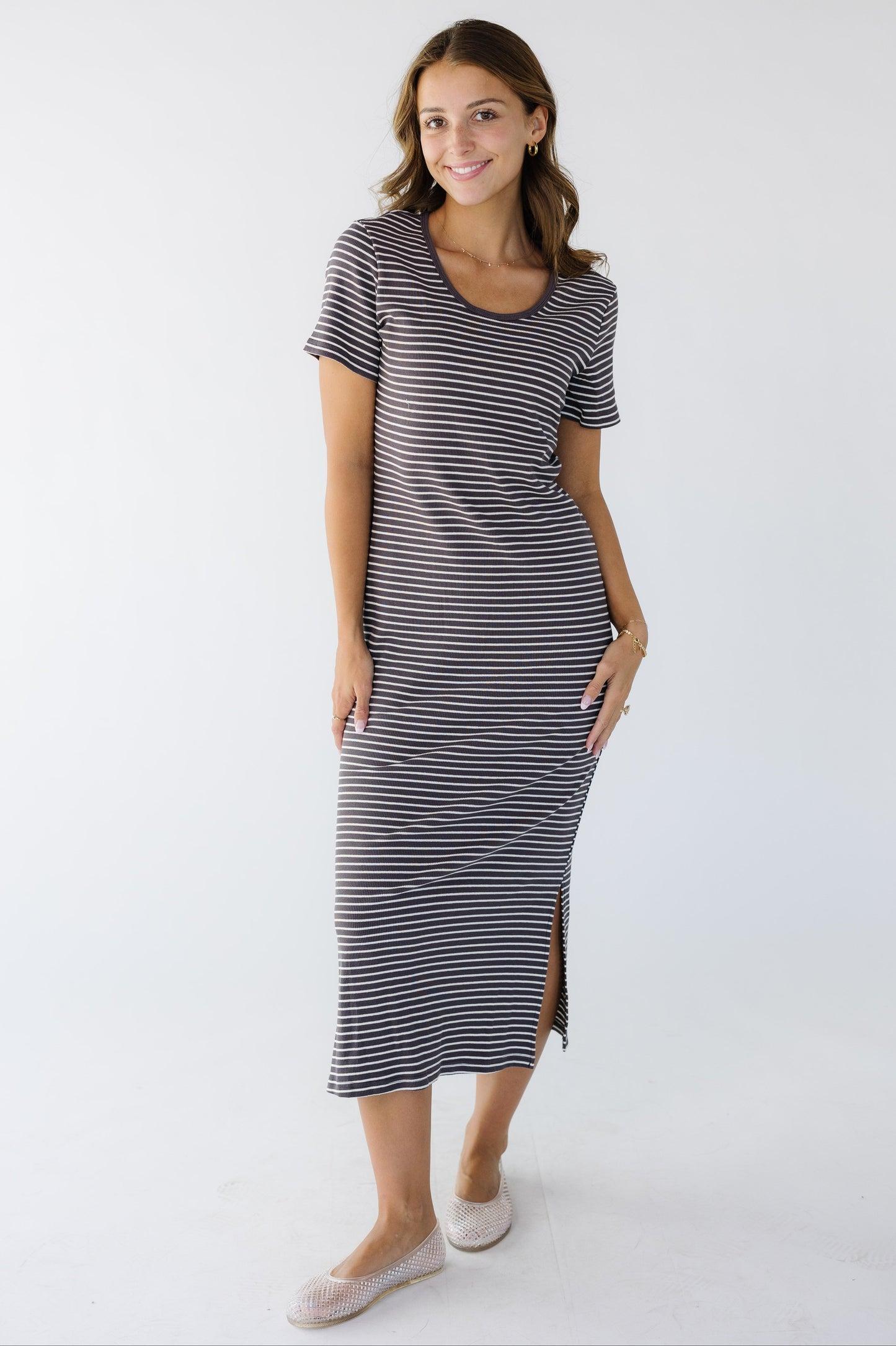 Brass & Roe Striped Midi Dress in narrow brown and white stripe for women and teen girls.