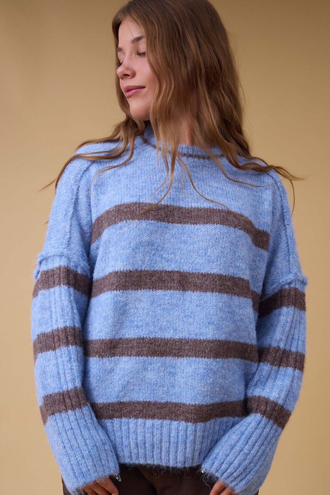 Late Nights Sweater in blue & brown stripe for women and teenage girls.