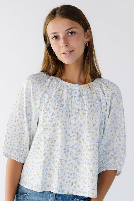 Citrus Southtown Button Top  in white & blue floral print for women and teen girls.