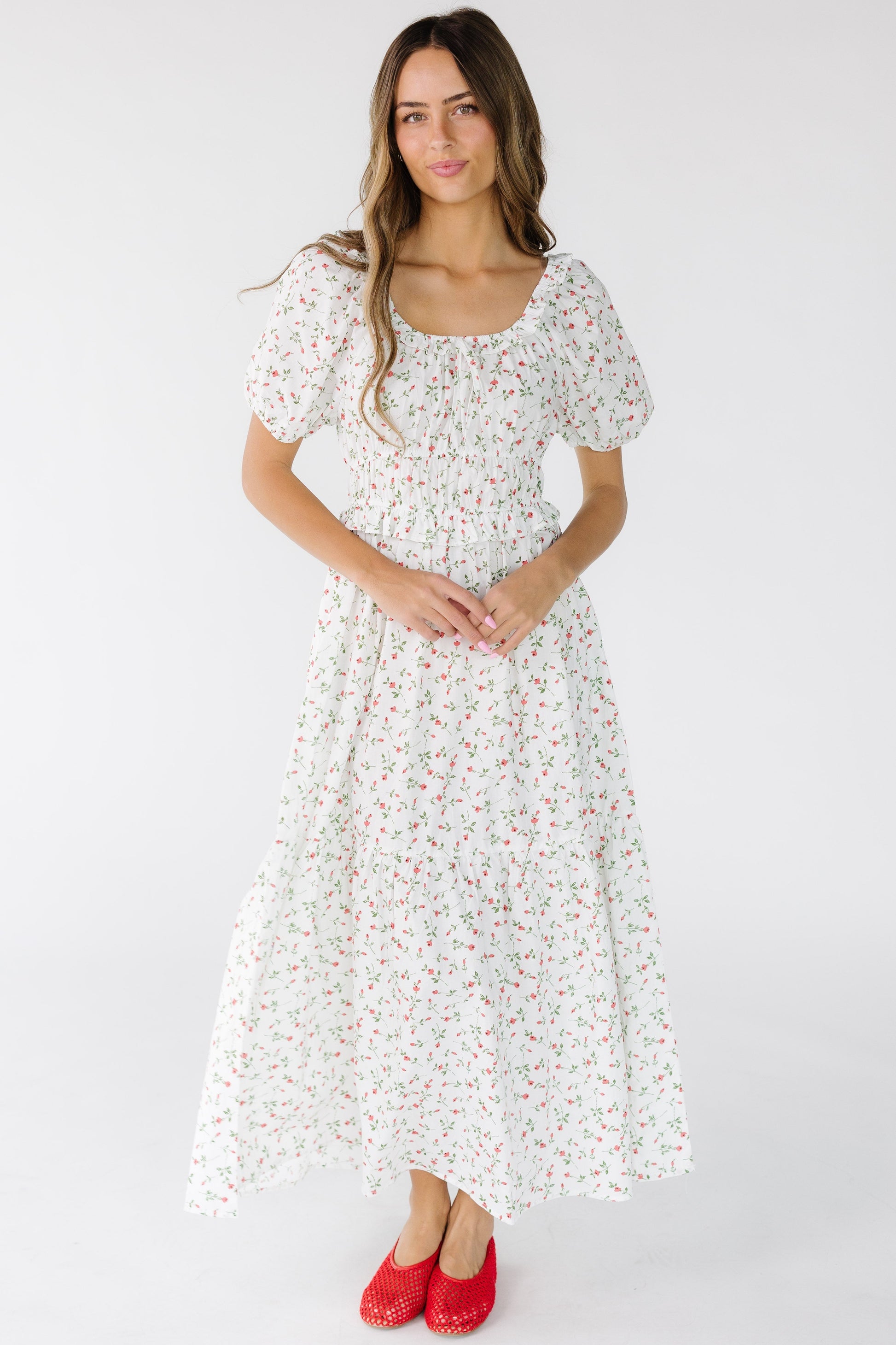 Brass & Roe The Jena Dress in an ivory and red floral print for women and teens.