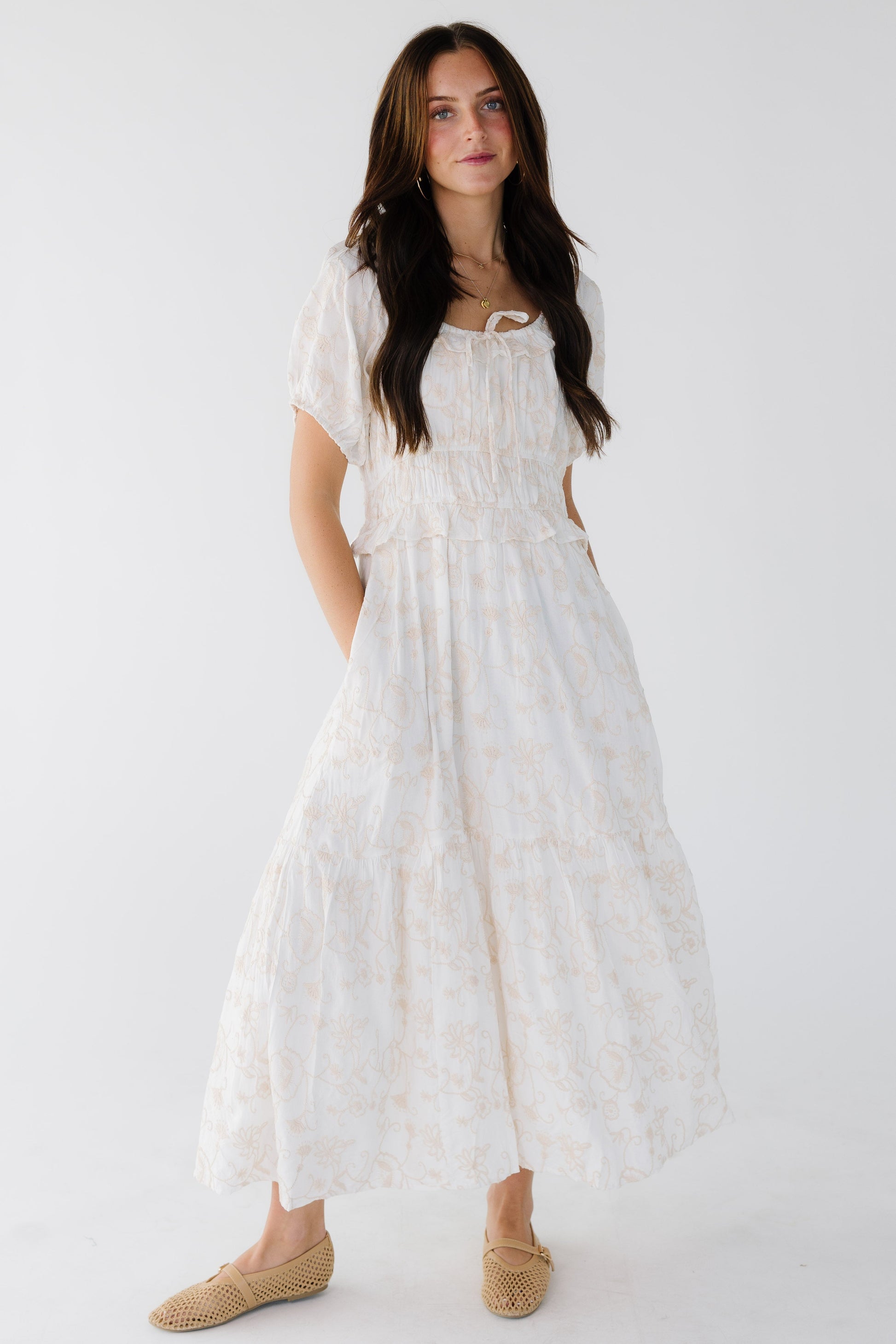 Citrus Jena Embroidered Dress in white with champagne color embroidery for women and teenage girls.
