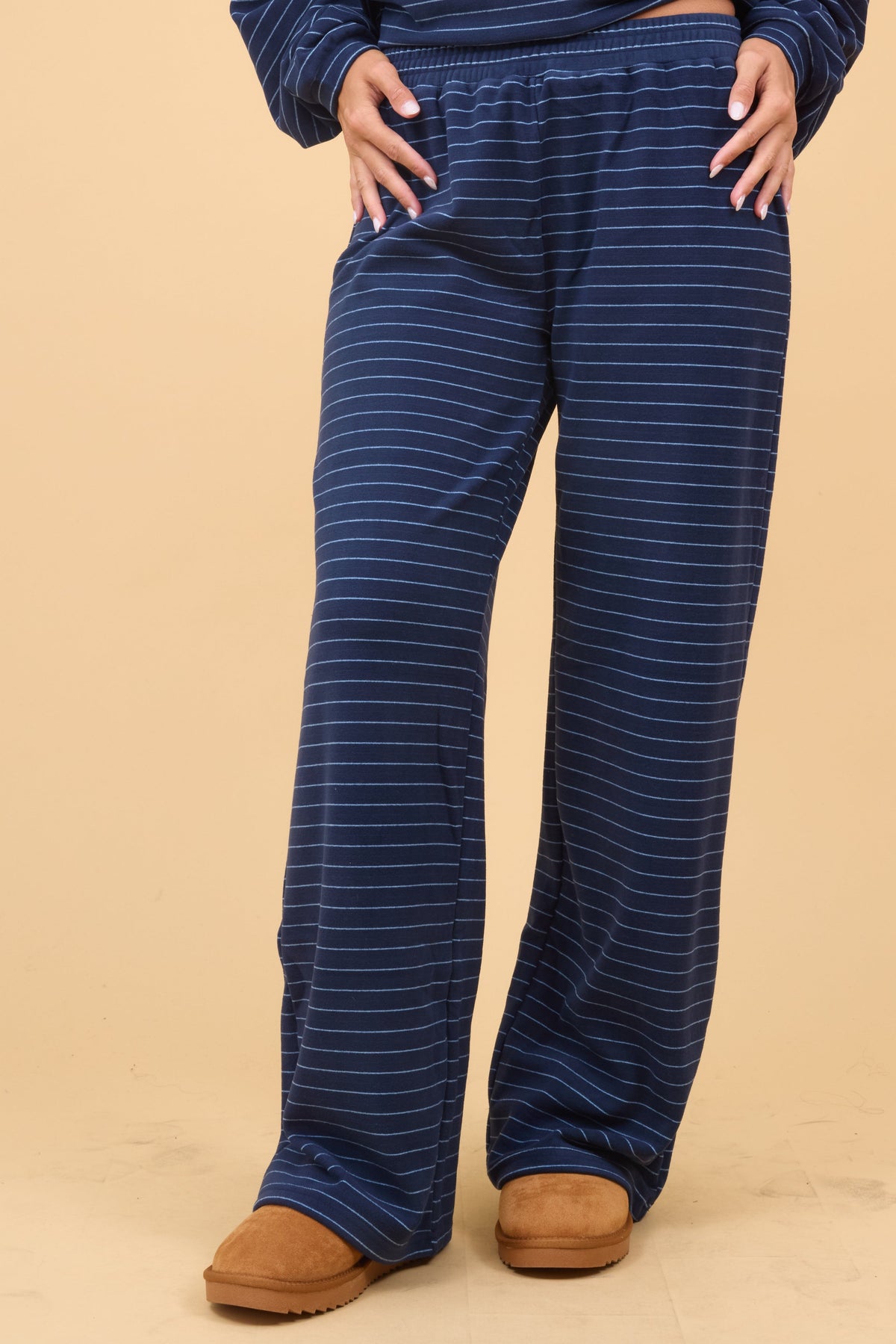 Lettie Fleece Stripe Pants in navy stripe for women and teen girls.