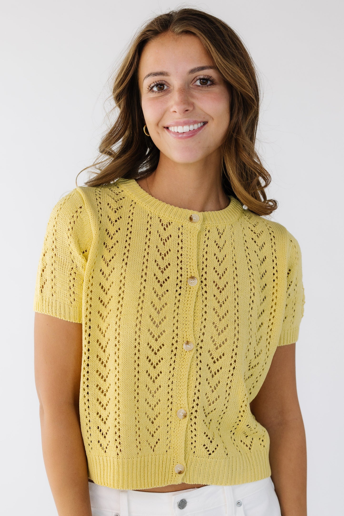 The Chloe Cardigan in yellow lacey cardigan for women and teens.