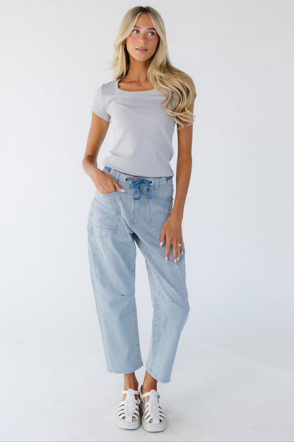 Striped Barrel Pants in blue & white stripe for women and teen girls.
