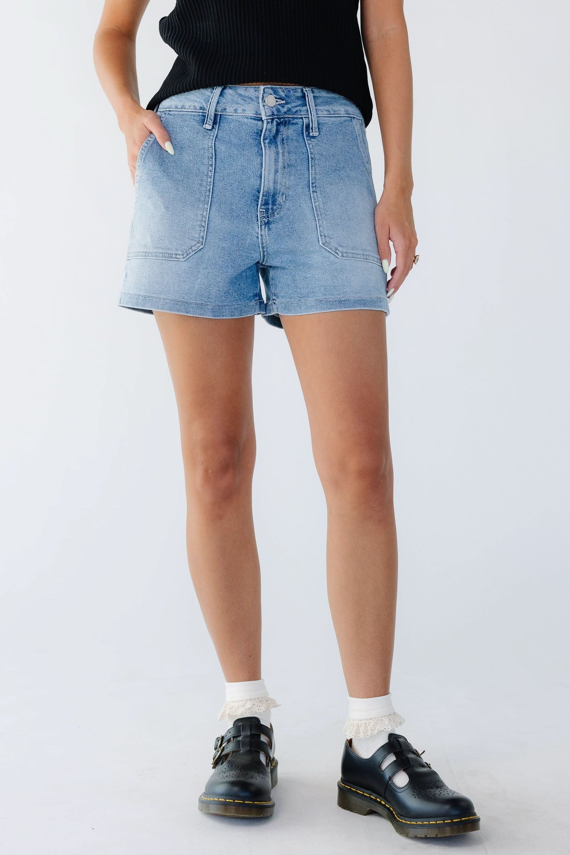 Utility Cargo Shorts in light denim for women and teen girls.