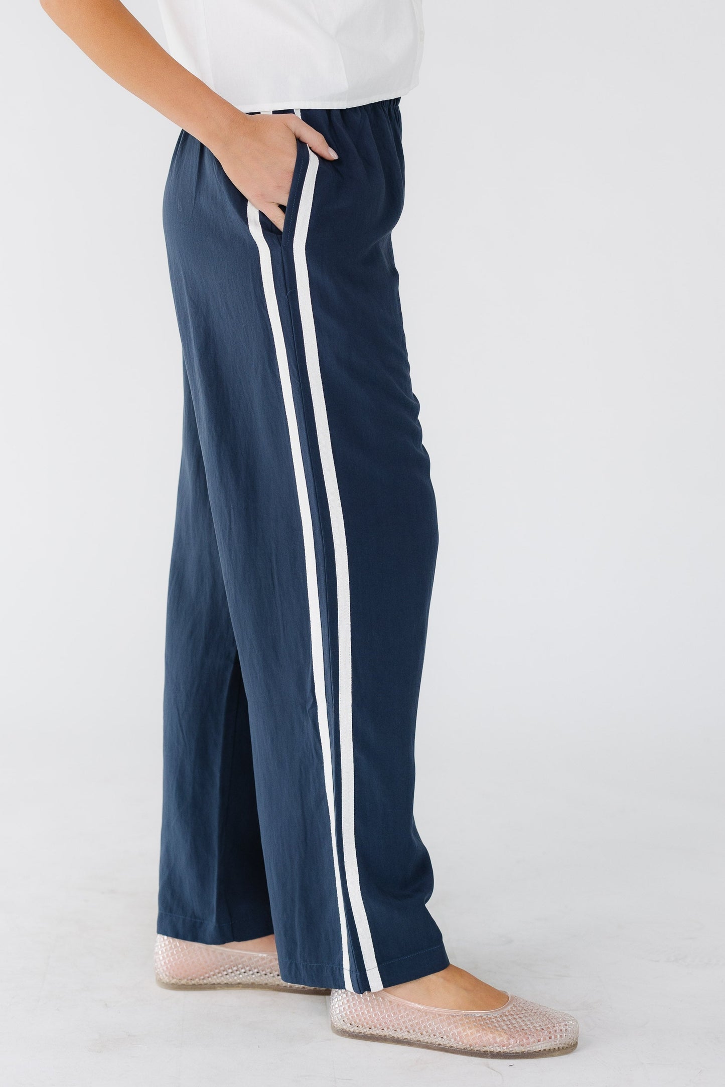 Lightweight Track Pant in navy with white stripes for women & teen girls.