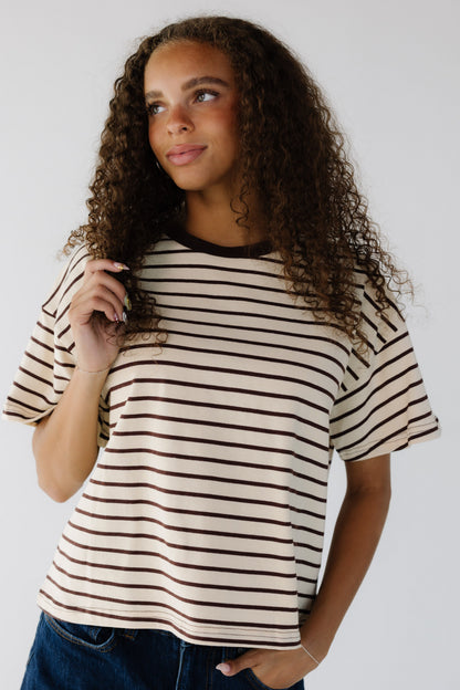 Landon Tee in cream & brown stripe for women and teen girls. 