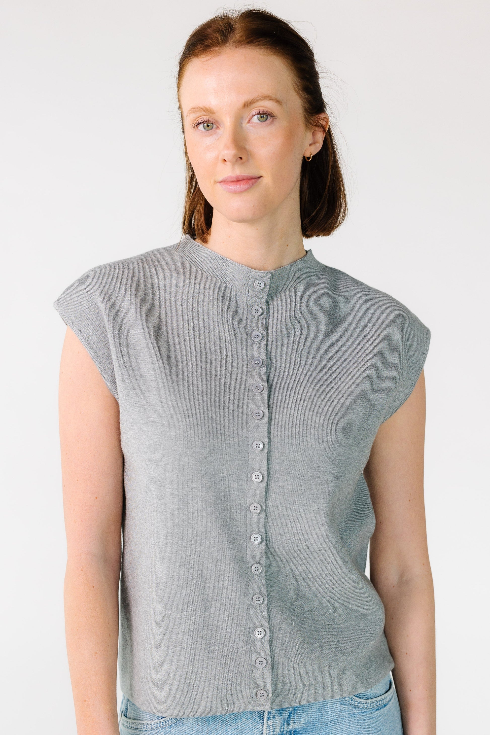 Mock Neck Cap Sleeve Cardigan i heather grey for women and teens.