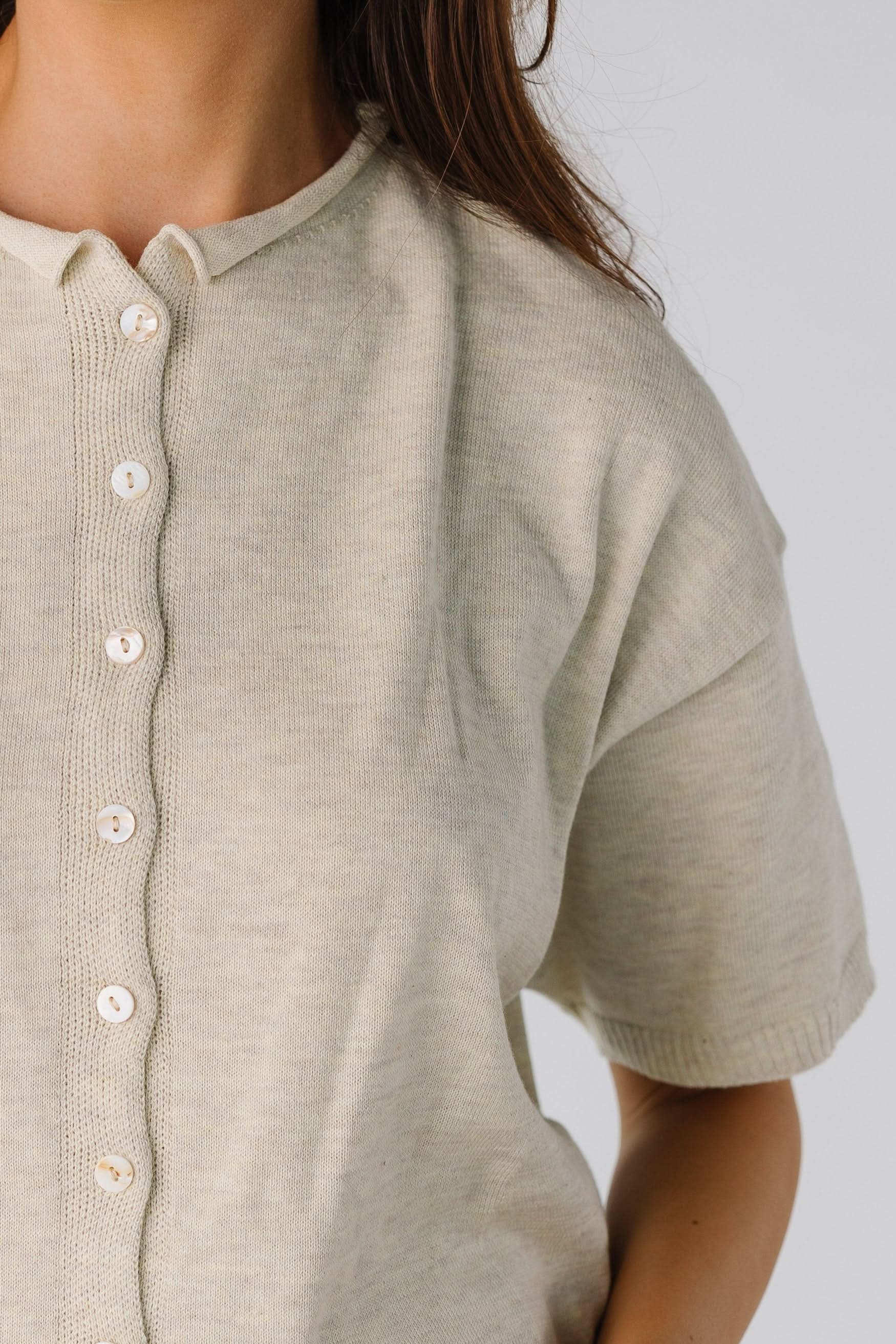 Button Down Knit Top in Oatmeal for women and teenage girls.