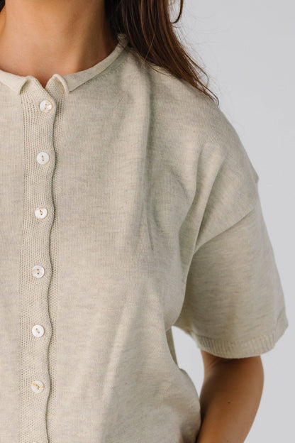 Button Down Knit Top in Oatmeal for women and teenage girls.