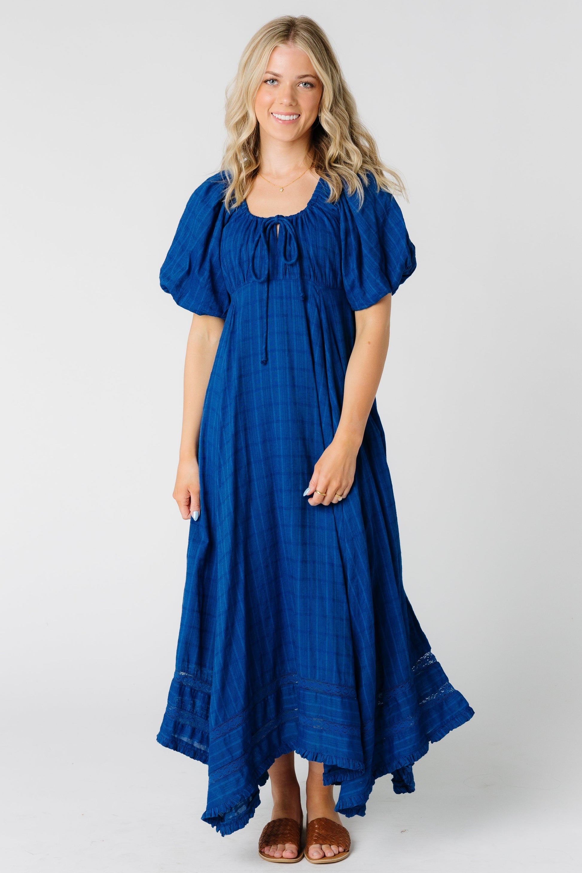 Modest women and teens blue scoop neck maxi with short sleeves