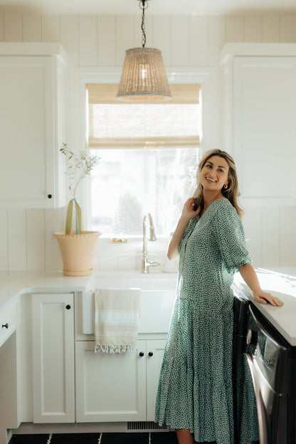 Green and white print midi dress