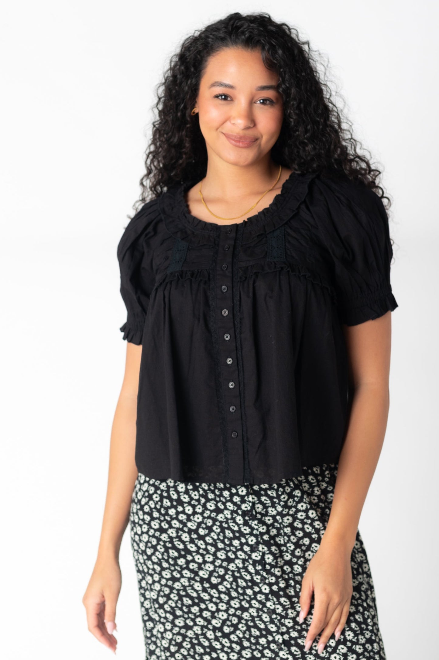 Black button down ruffle top