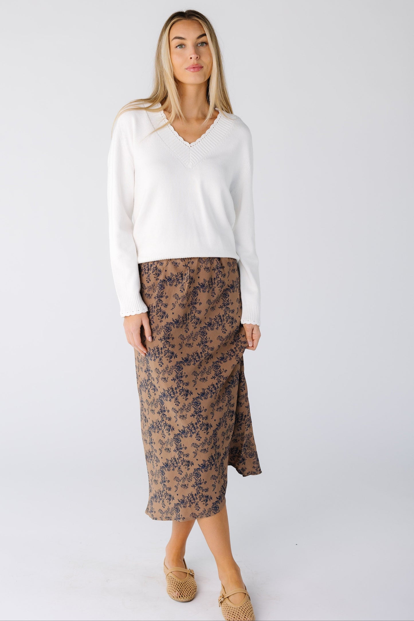 Brass & Roe Ellie Print Midi Skirt WOMEN'S SKIRTS brass & roe Brown/Navy XS 