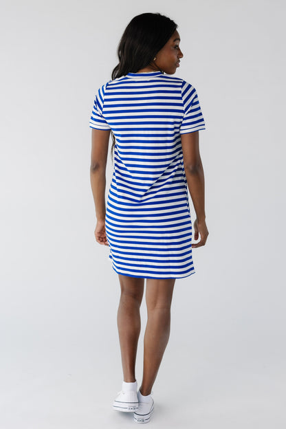 Back view of blue and white stripe t-shirt dress