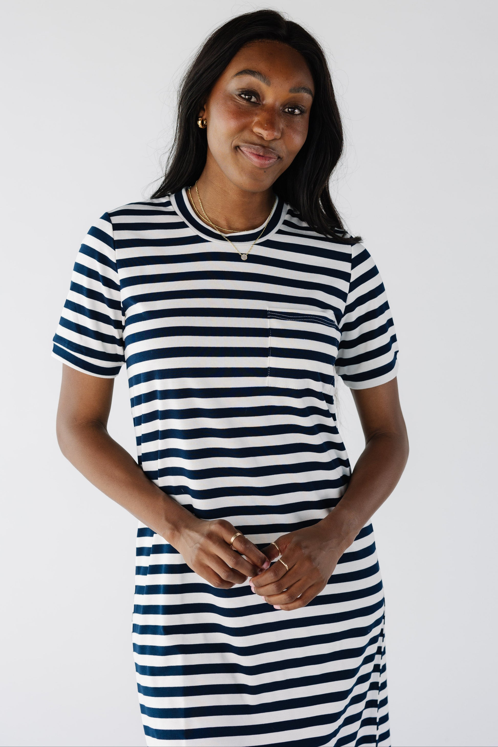 Brass & Roe New All Day T-Shirt Dress in navy and white stripe