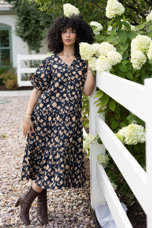 Brass & Roe Holland Button Down Dress  for women in navy floral print