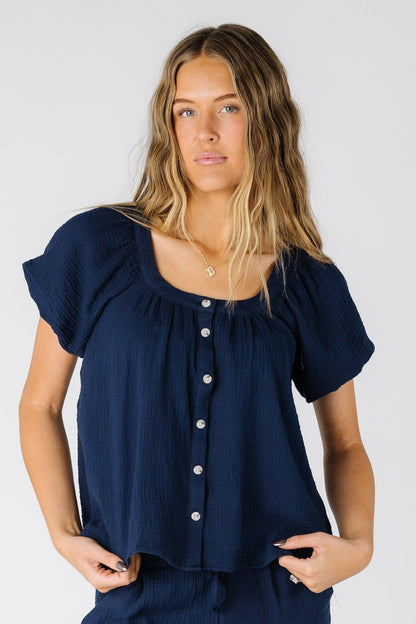 Brass & Roe The Gauze Button-Down Top WOMEN'S TOP brass & roe Navy XS 