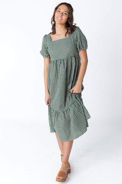 Brass & Roe Gingham Square Neck Dress - Fall WOMEN'S DRESS brass & roe Green Gingham XS 