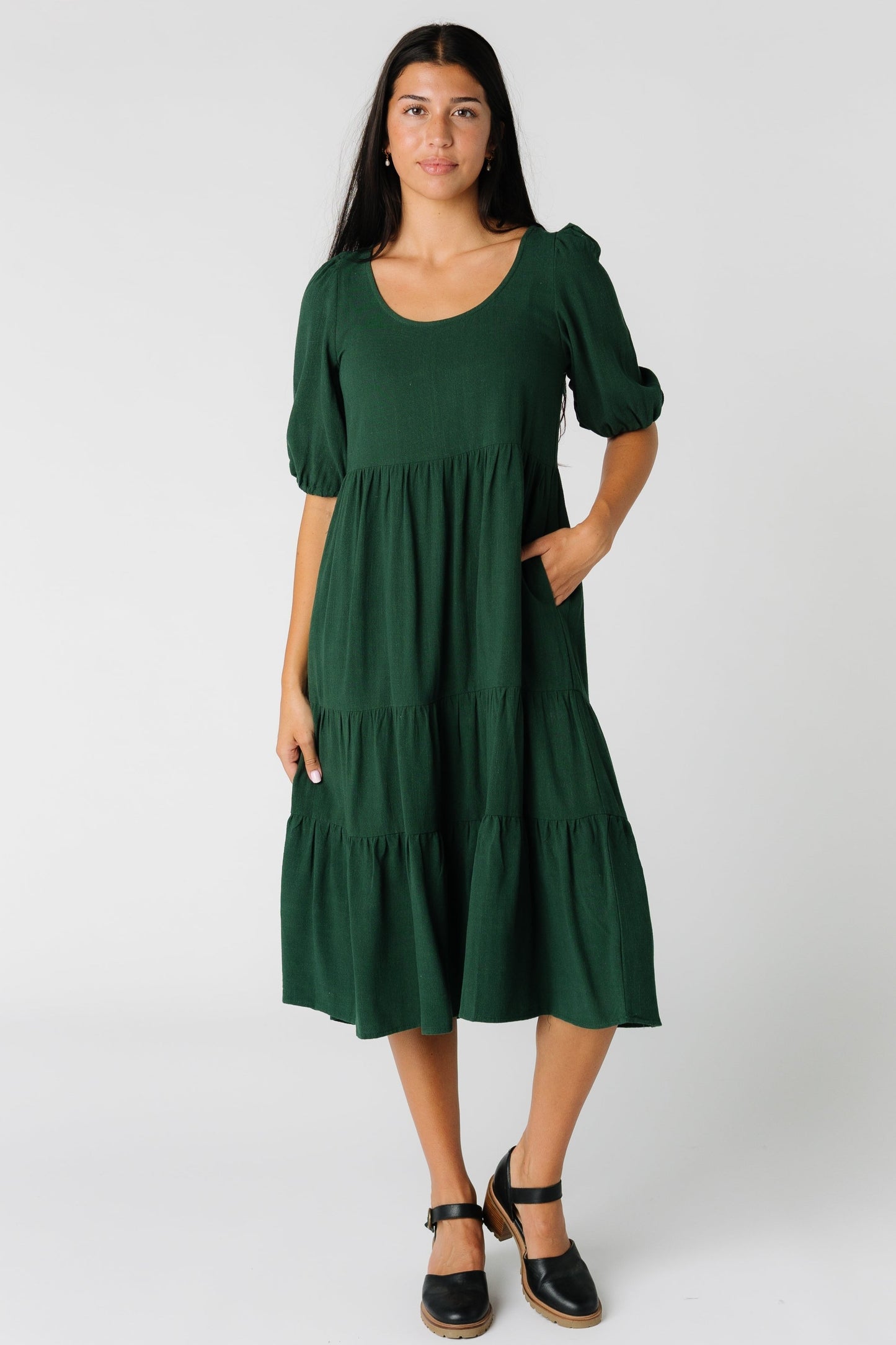 Brass & Roe Linen Scoop Neck Dress WOMEN'S DRESS brass & roe Forest Green XS 