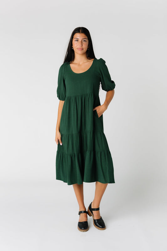 Brass & Roe Linen Scoop Neck Dress WOMEN'S DRESS brass & roe Forest Green XS 