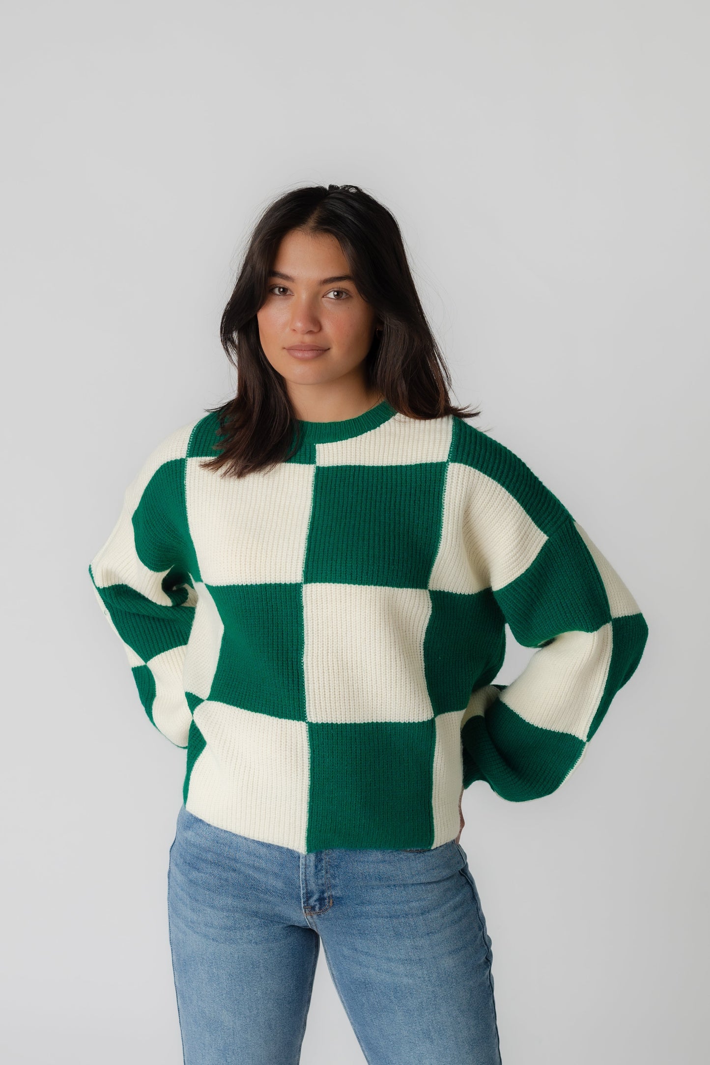 Modest Mandy green checker sweater