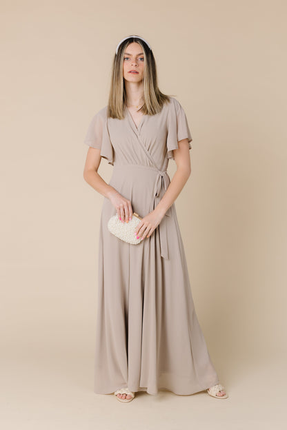 Taupe modest wrap maxi bridesmaid dress