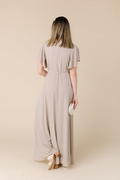 Back view of taupe maxi dress with short sleeves