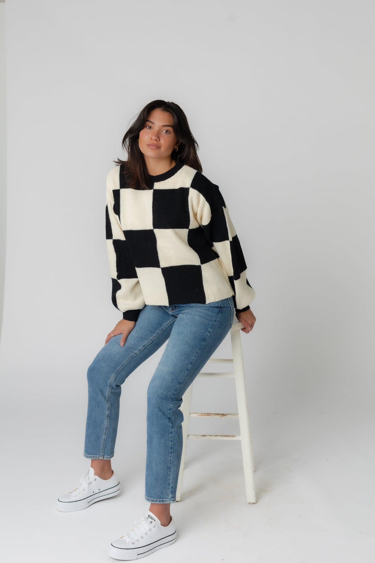 Black and cream large check long sleeve sweater