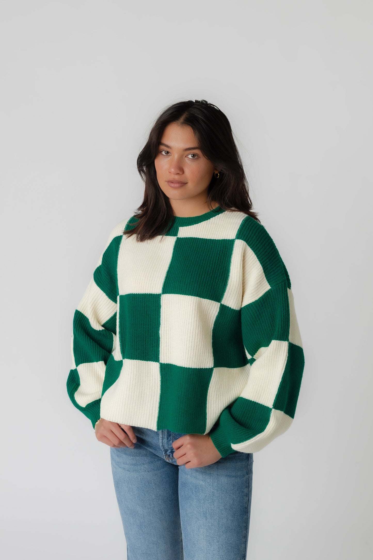 Green and cream large check sweater