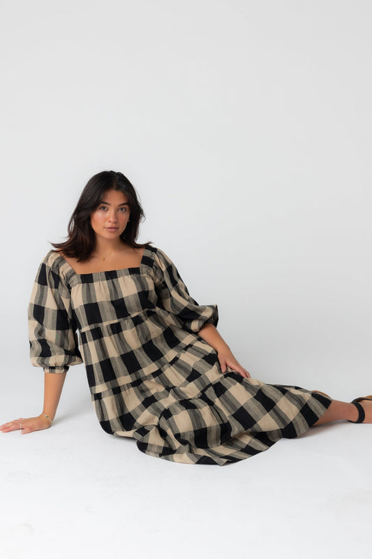 Arlene plaid midi dress with square neckline and half length sleves