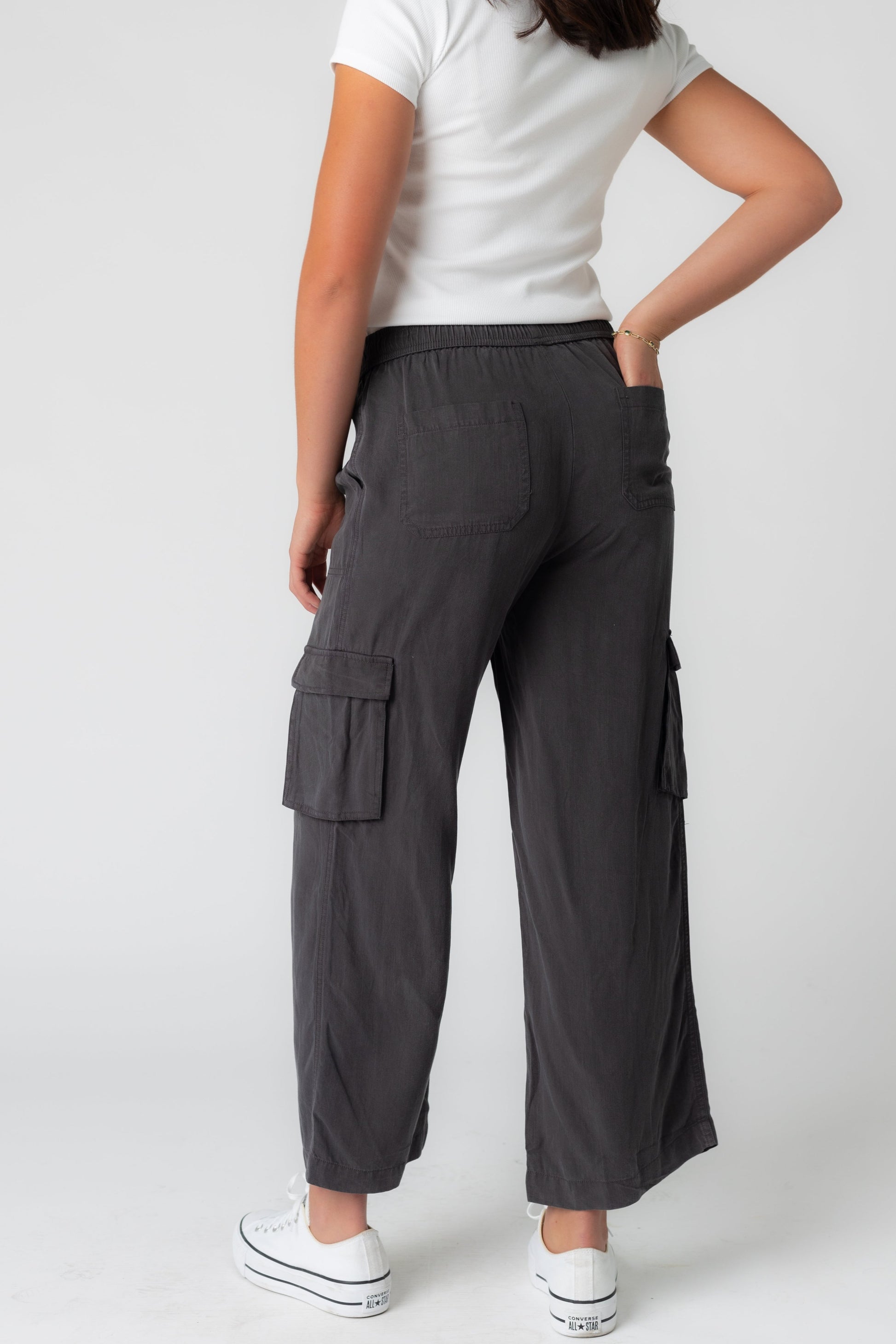 Back view of charcoal wide leg cargo pant