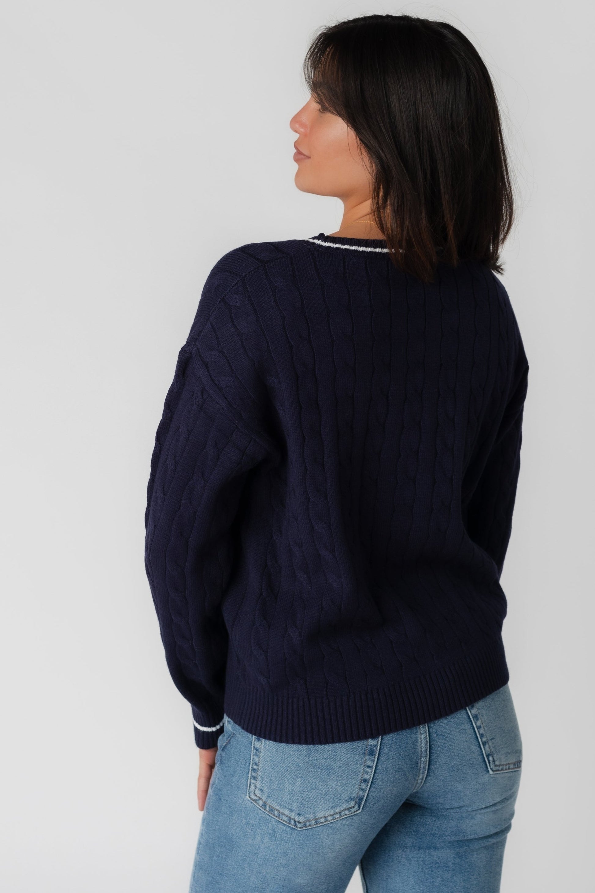 Back view of Brianne cable sweater