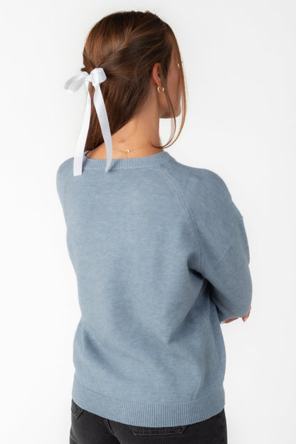 Back view of blue long sleeve sweater with crew neckline