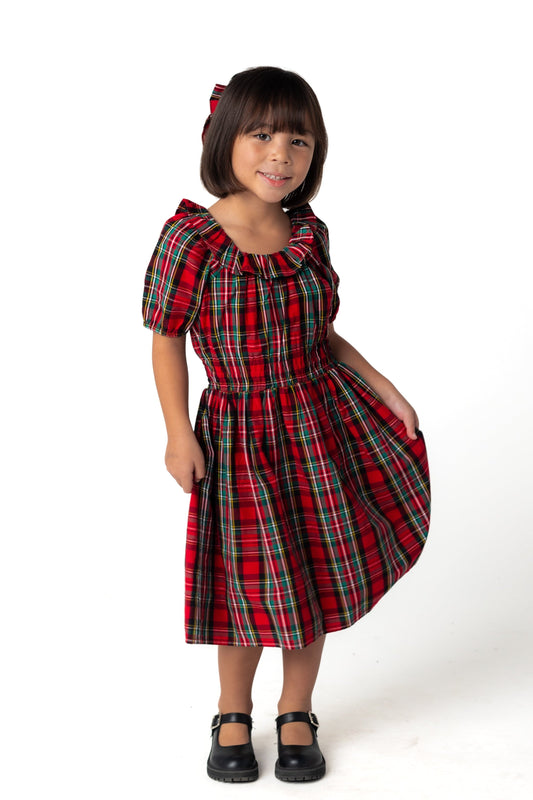 Holiday red plaid girl's midi dress
