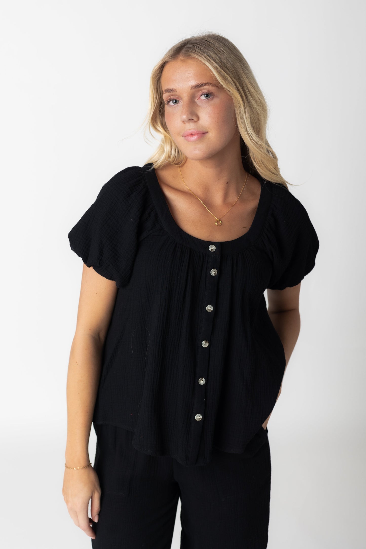 Brass & Roe Gauze Button-Down Top WOMEN'S TOP brass & roe Black XS 