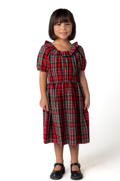 Modest red plaid girl's midi dress with short sleeves