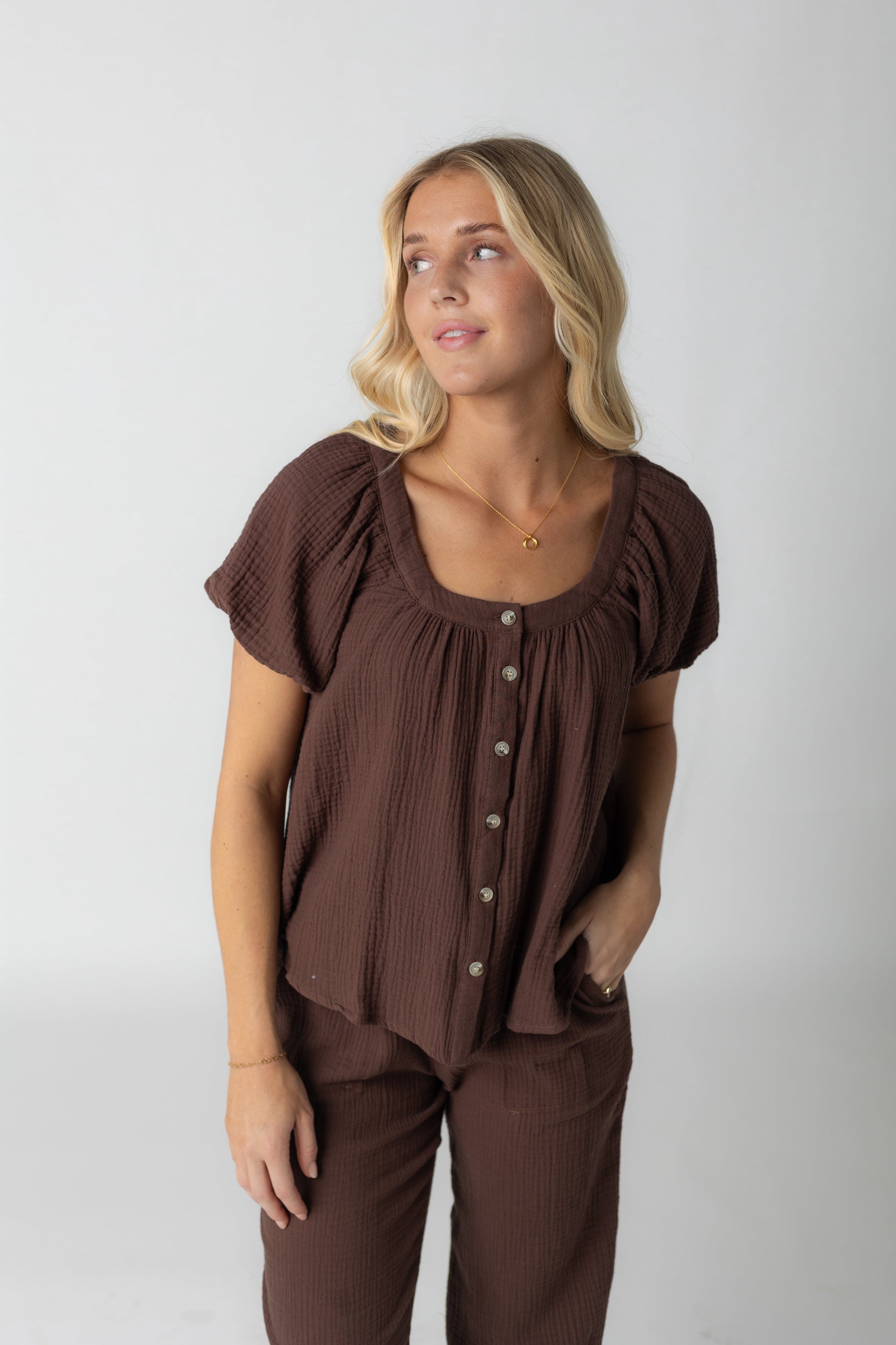 Brass & Roe Gauze Button-Down Top WOMEN'S TOP brass & roe Brown XS 