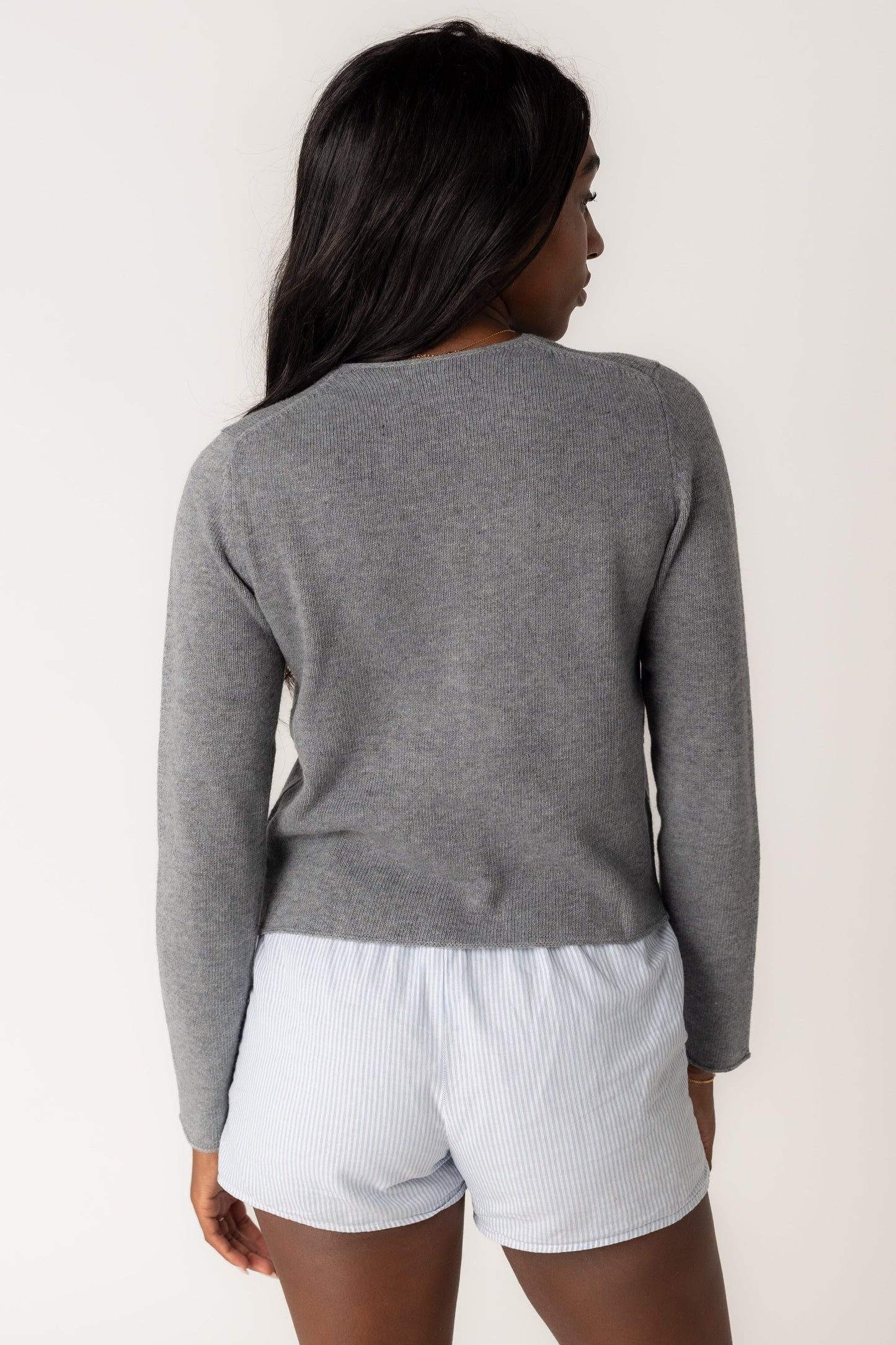 Back view of grey long sleeve cardigan