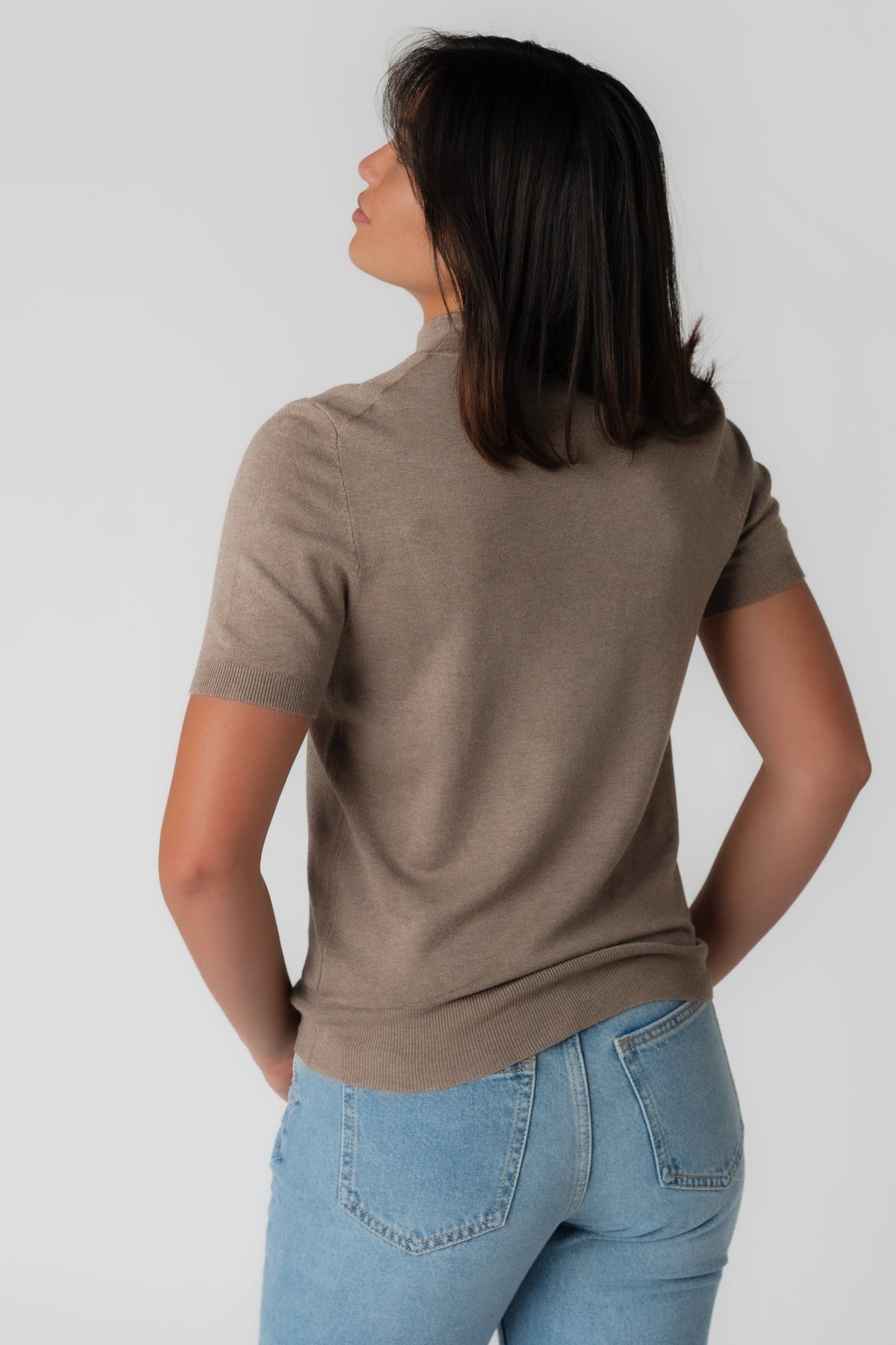 BAck view of mocha short sleeve top