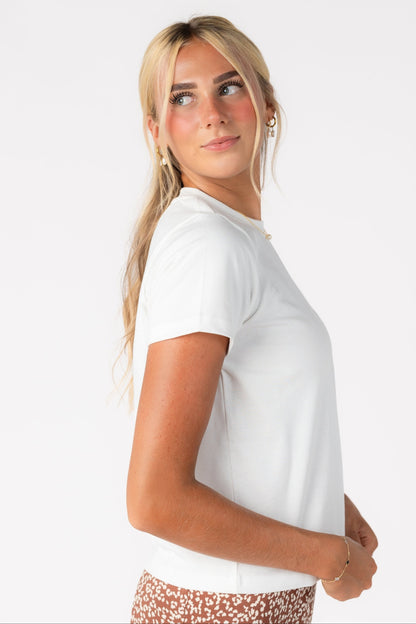 Side view of short sleeve white tee