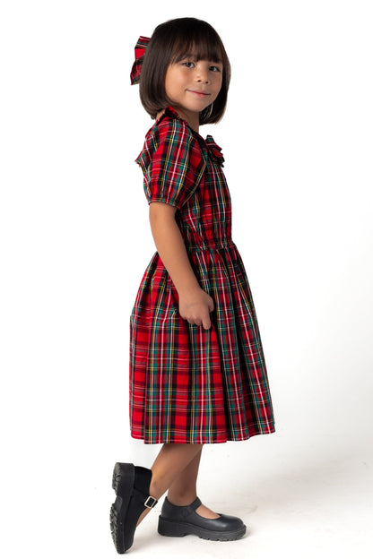 Side view of short sleeve red plaid dress