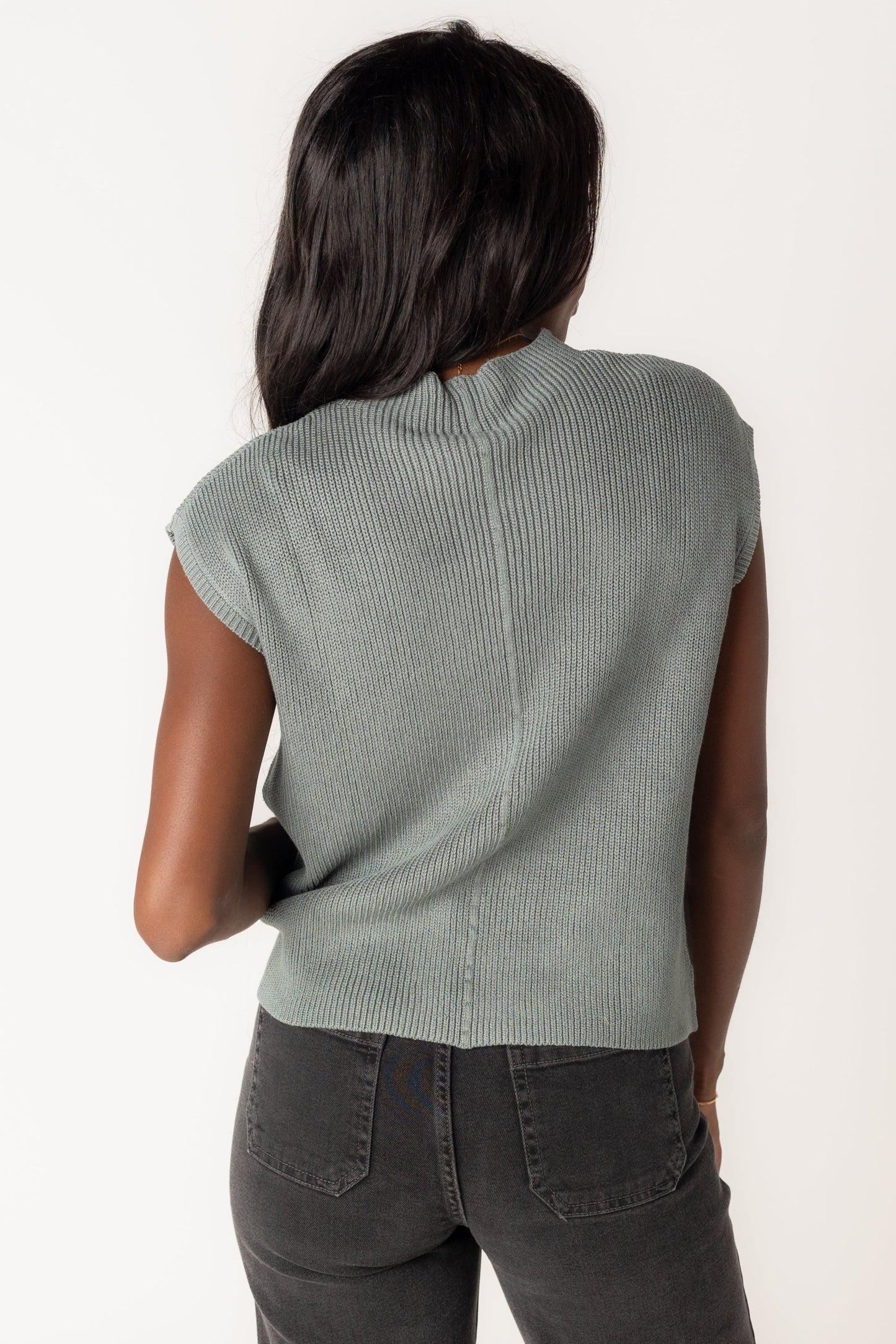 Back view of short sleeve mint sweater with short sleeves