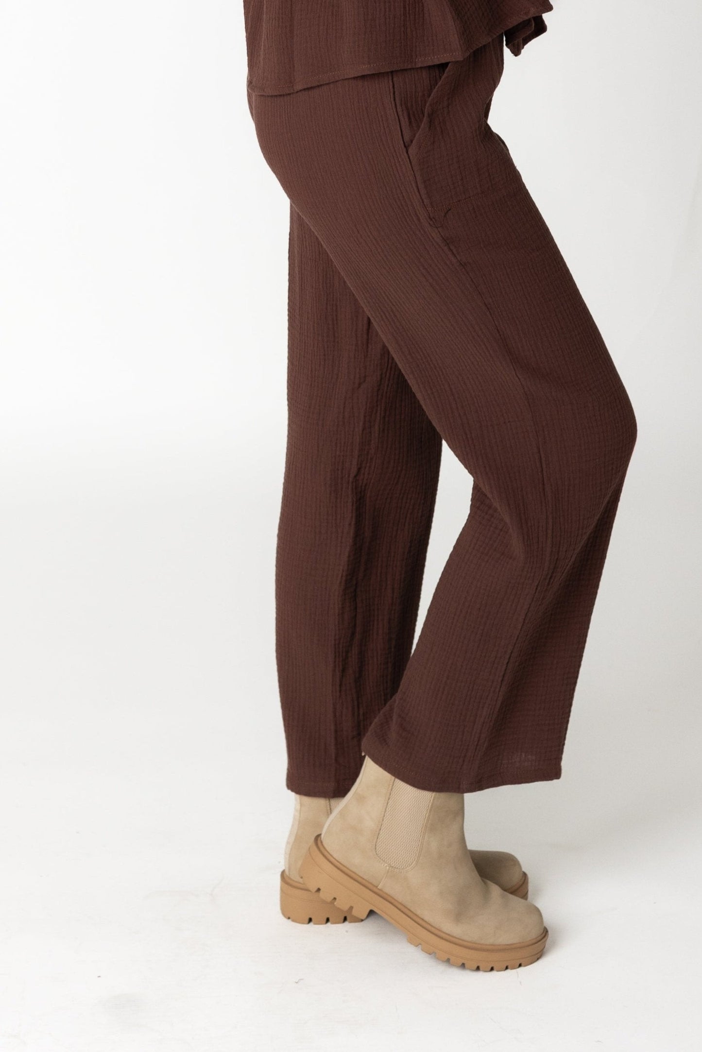 Modest wide leg gauzy pant in brown