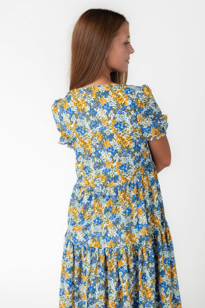 Back view of blue and yellow floral print midi dress