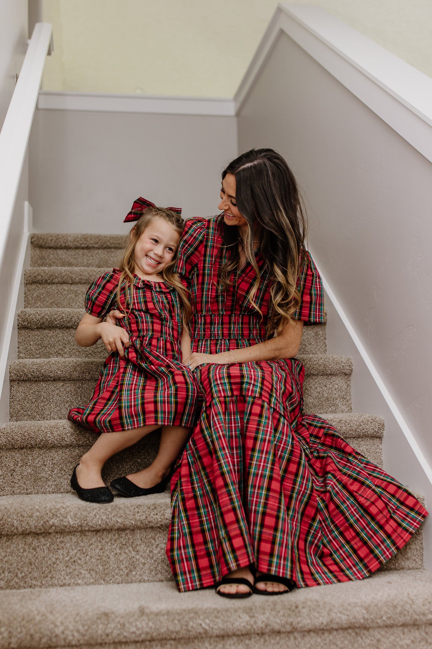 Red plaid mom and daughter matching dresses