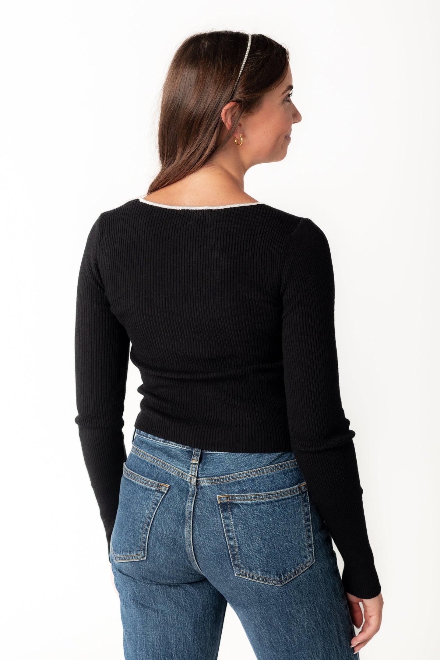 Back view of long sleeve rib knit top 